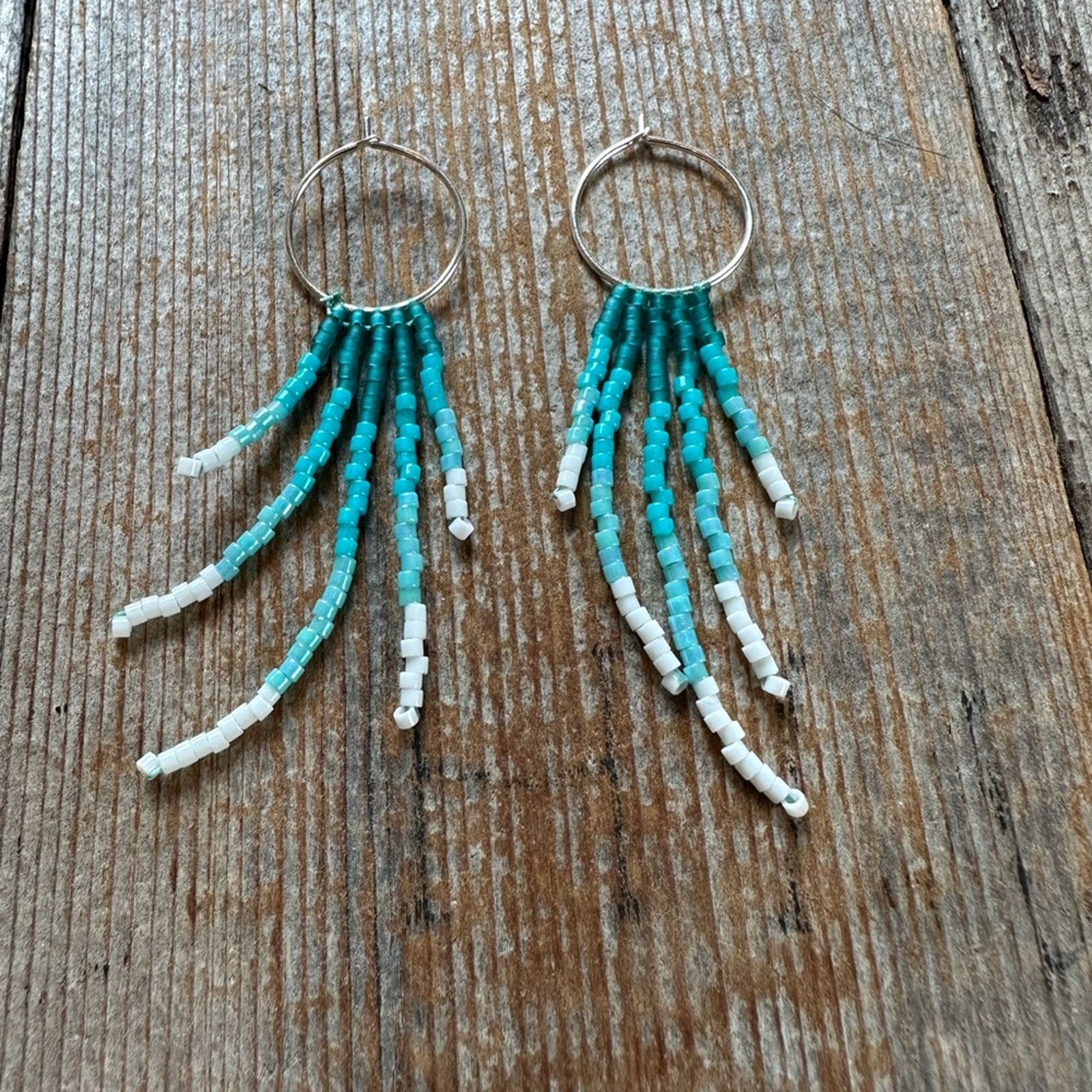 Hand Crafted Delica Bead Fringe Earnings Teal, White Bohemian Style Nickel Free